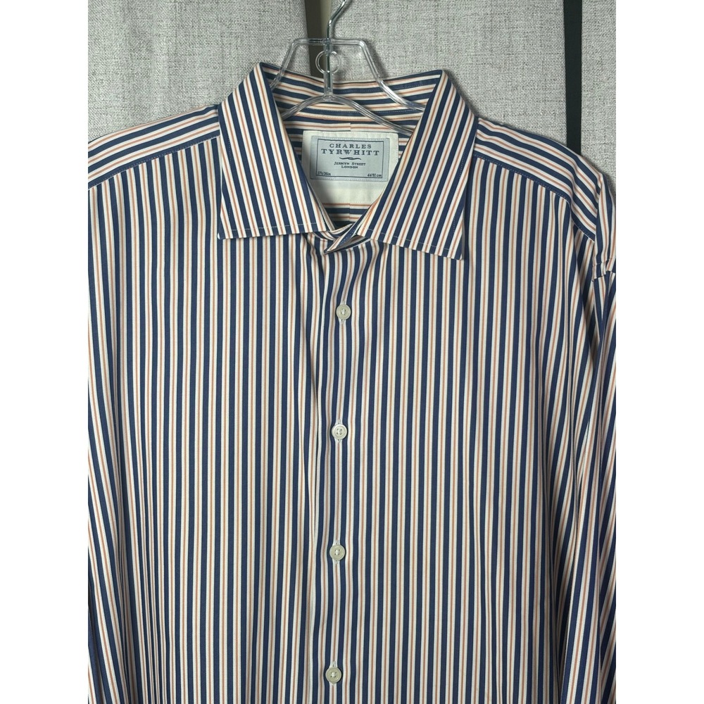 Charles Tyrwhitt Mens 17.5 36 Striped Dress Shirt Navy Blue Orange Spread Collar